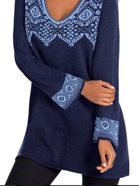 NWT Roaman’s Navy Blue V-Neck Tunic Sweater with Light Blue Fair Isle Trim